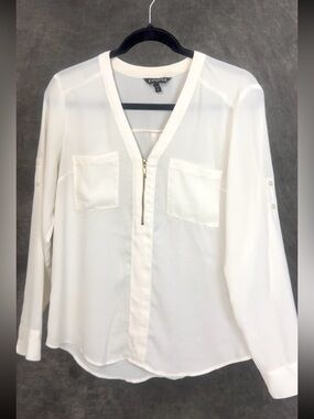 Express Ivory Zip Utility Blouse | Roll Tab Sleeve Top | Size M